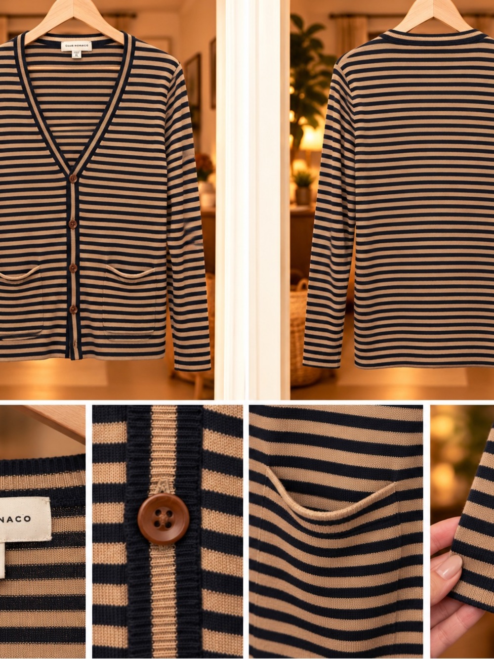Club Monaco Striped Button-Front Cardigan in Navy and Tan